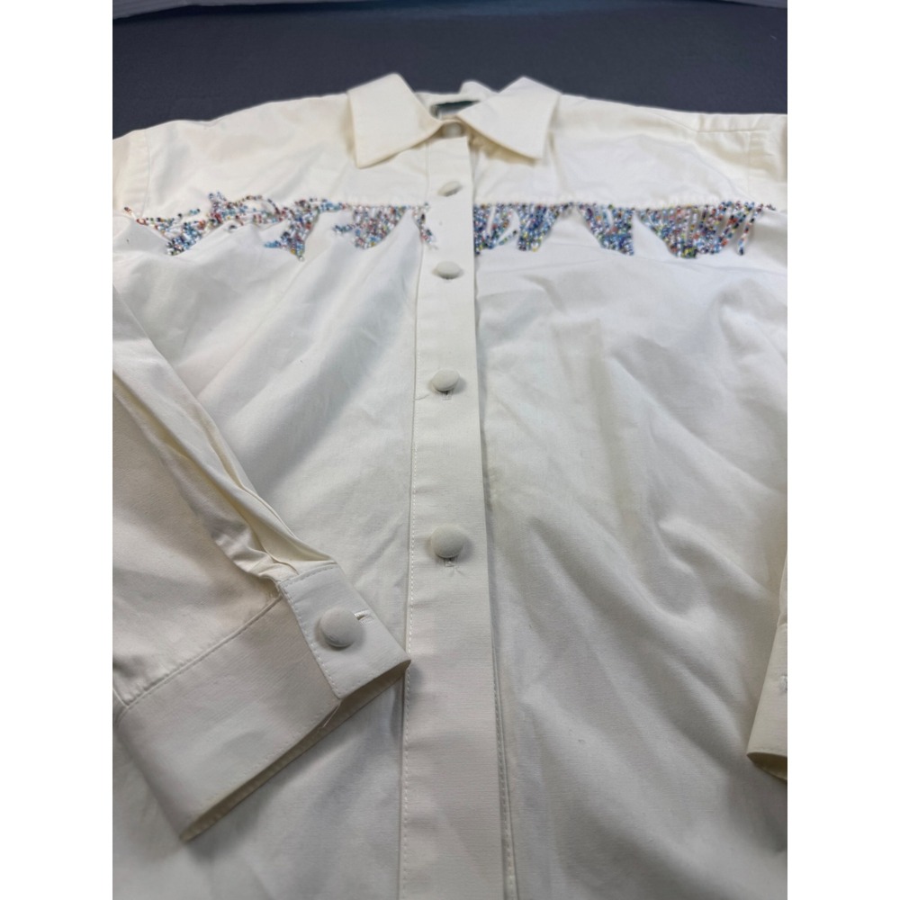 Vintage Hairston Roberson Cream‎ Beaded Fringe Button Down Shirt - USA Made